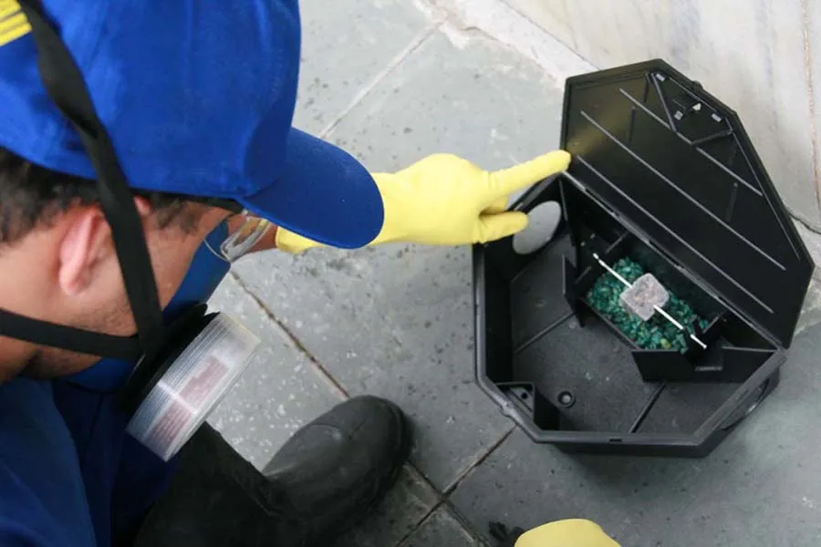 Técnico manipulando porta-iscas de desratização